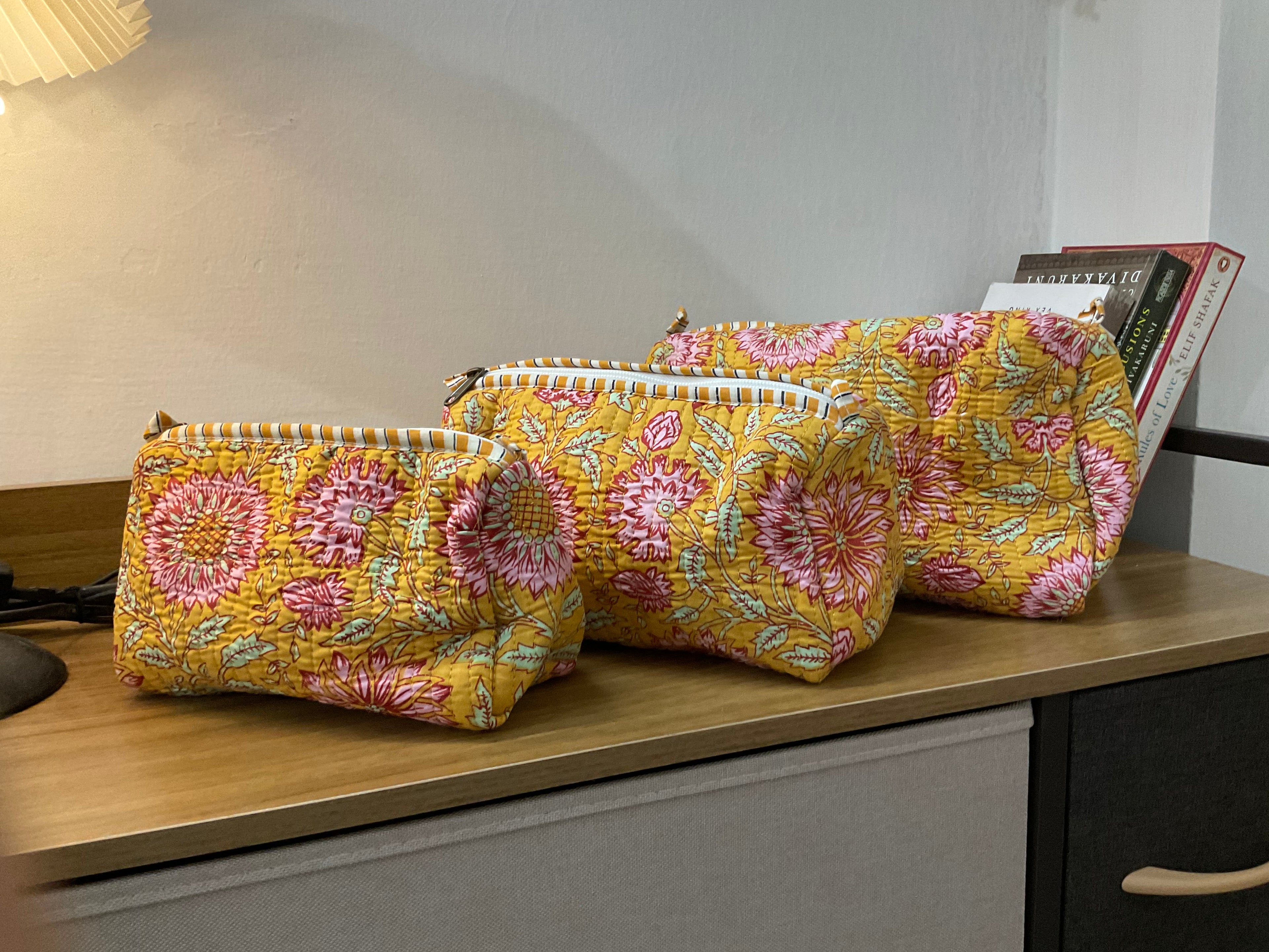 Mustard Floral Quilted Cosmetic Pouches